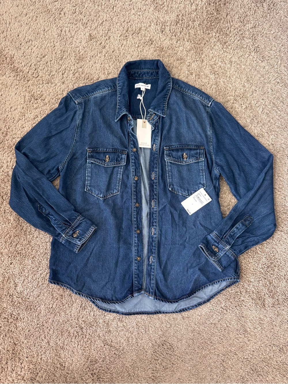 NWT Good American Weightless Easy Shirt Denim Button-Up Indigo Blue Size Small